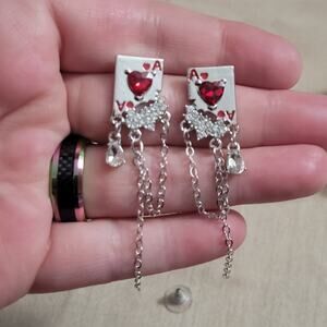 Ace of hearts silver red crystal post earrings, dangling silver chain accents
